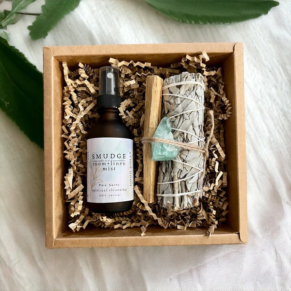 Salbei-Räucherset | Ritual | spirituelle Reinigung | Palo Santo | Wischspray | weißes Salbeibündel | grüner Abenteuerkristall | Raumspray