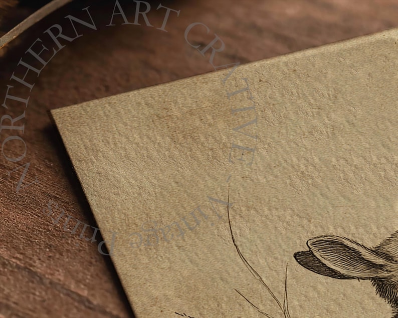 May include: A vintage-style print featuring a detailed illustration of a rabbit. The artwork is in black and white, set against a textured, tan background. The print has a rustic, antique aesthetic, with the words "NORTHERN ART CREATIVE" in a semi-circular pattern.
