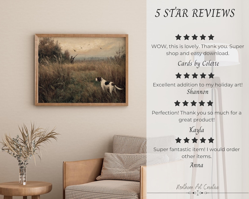 Peut inclure: Une impression encadr&eacute;e d'un paysage avec un chien dans un champ. L'&oelig;uvre d'art est encadr&eacute;e dans un cadre en bois. Le texte "5 STAR REVIEWS" et des t&eacute;moignages de clients sont visibles sur le c&ocirc;t&eacute; droit.
