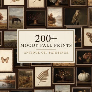 May include: A collection of framed art prints featuring various subjects including landscapes, wildlife, botanical illustrations, and still life scenes. The central text reads 200+ MOODY FALL PRINTS ANTIQUE OIL PAINTINGS. The images have a dark, muted colour palette.