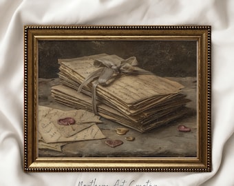 May include: A framed vintage print featuring a stack of aged letters tied with a ribbon. The letters are on a stone surface, with scattered wax seals and a heart-shaped seal. The frame is gold with a beaded edge. The print is labeled "Northern Art Creative."