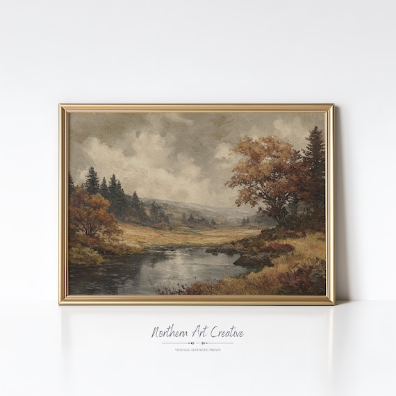 Vintage Landscape Wall Art, Farmhouse River Painting, Cottagecore Decor Fall Landscape Print Moody Autumn Print Downloadable Prints