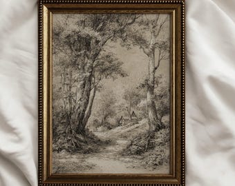 Vintage Landscape Sketch Print: Woodland Pencil Sketch Wall Art (Digital Download)