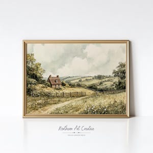 English Countryside Wall Art: Vintage English Landscape Watercolor Painting
