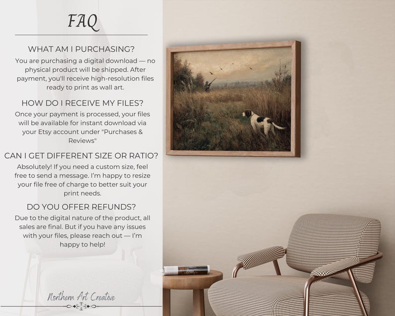 Peut inclure: Peinture vintage encadr&eacute;e repr&eacute;sentant une sc&egrave;ne de chasse avec un chien dans un champ. L'&oelig;uvre d'art pr&eacute;sente un cadre en bois brun et un paysage avec un chien, un chasseur et des oiseaux en vol. La palette de couleurs comprend des bruns, des verts et des tons sourds.