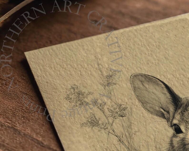 May include: A detailed pencil drawing of a deer's eye and ear, with a focus on the animal's fur texture. The artwork is set against a beige background with delicate plant illustrations. The words "NORTHERN ART CREATIONS" are visible.
