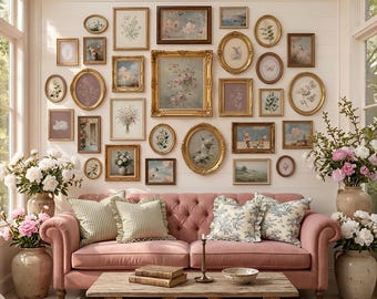 Vintage Pink Cottagecore Gallery Wall Set: Antique Botanical Printable Wall Art (Digital Download)