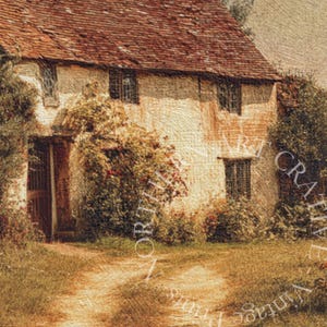Puede incluir: Una pintura impresionista de una pintoresca casa de campo con un tejado de tejas rojas y un camino de tierra que conduce a la entrada. La casa tiene varias ventanas y est&aacute; rodeada de vegetaci&oacute;n, creando una escena rural serena.