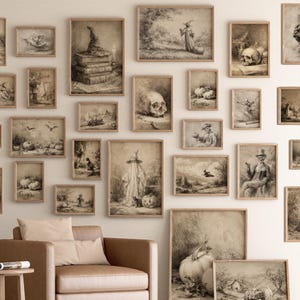 May include: A gallery wall arrangement featuring numerous framed sepia-toned prints with vintage-style illustrations of Halloween themes, including skulls, pumpkins, witches, ghosts, and skeletons, displayed in various rectangular wooden frames.
