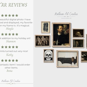 Puede incluir: Cinco estrellas de rese&ntilde;as para impresiones digitales de arte. Las rese&ntilde;as son positivas y destacan la calidad de las impresiones. La imagen tambi&eacute;n muestra una variedad de impresiones de arte enmarcadas, incluyendo una calavera, un murci&eacute;lago y un retrato.