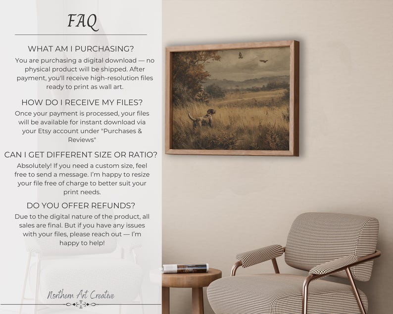 May include: A framed vintage-style print depicting a hunting scene with a dog in a field. The artwork features a dog, trees, and a landscape in muted tones. The frame is a light brown color. The image is displayed on a wall.