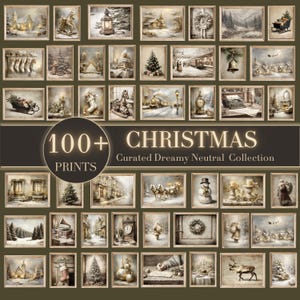 May include: A collection of over 100 Christmas prints in a curated, dreamy, neutral collection. The prints feature vintage-style illustrations of winter scenes, including churches, Christmas trees, and horse-drawn carriages. The colour palette is primarily neutral with sepia tones.