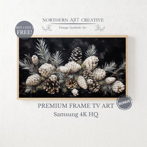 Könnte beinhalten: Ein gerahmter Druck eines Aquarells mit einer Ansammlung von weißen und braunen Tannenzapfen auf schwarzem Hintergrund. Der Text "PREMIUM FRAME TV ART Samsung 4K HQ" befindet sich unter dem Bild.