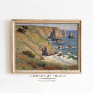 Vintage Seaside Landscape Painting, Antique Rustic Sea View Wall Art, Oceanic Printable Painting, Coastal Farmhouse Printable Painting