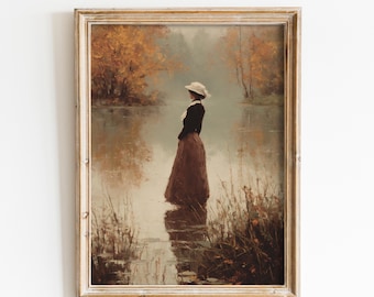 Vintage Fall Woman Wall Art Moody Autumn Print Rustic Fall Wall Decor Farmhouse Painting Cottagecore Decor Digital Downloadable Art