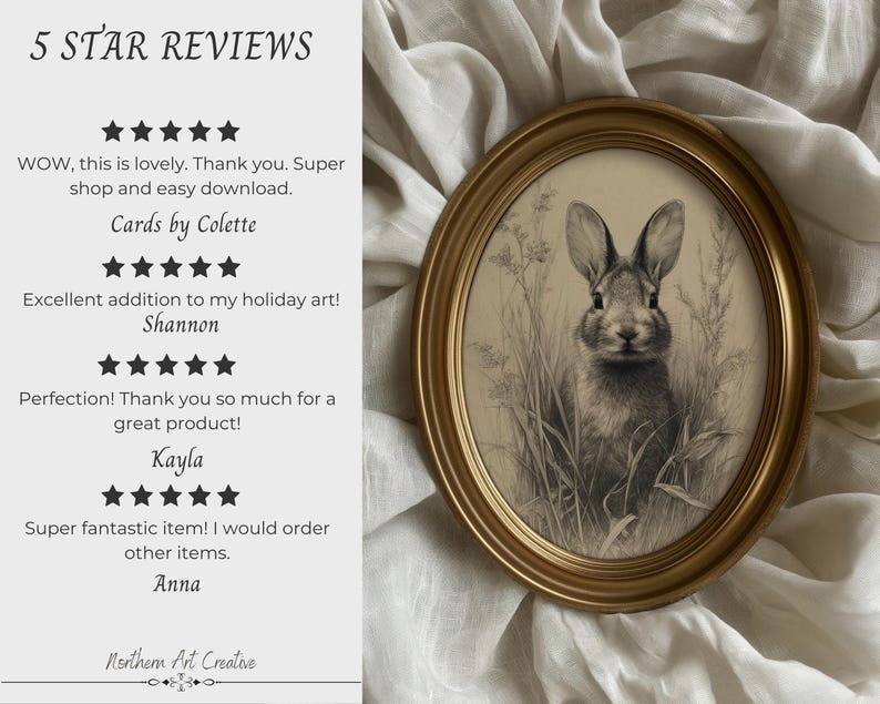 May include: An oval framed print featuring a detailed pencil sketch of a rabbit in tall grass. The frame is gold-colored. The image is set against a white fabric background. Text on the left side reads "5 STAR REVIEWS" and customer testimonials.