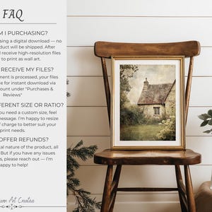 Może przedstawiać: Oferta cyfrowego pobrania z sekcją FAQ oraz oprawionym wydrukiem kamiennego domku w ogrodzie. Tekst zawiera FAQ, WHAT AM I PURCHASING, HOW DO I RECEIVE MY FILES, CAN I GET DIFFERENT SIZE OR RATIO, DO YOU OFFER REFUNDS oraz Northern Art Creative.