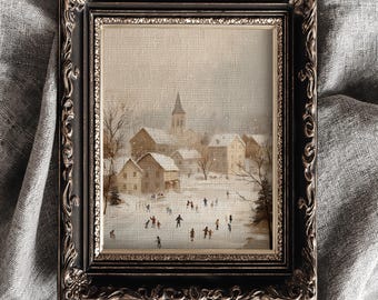 May include: A framed winter landscape painting depicting a village scene with a church spire, snow-covered houses, and ice skaters. The ornate black frame adds a vintage touch. The text "Northern Art Creative" is visible at the bottom.