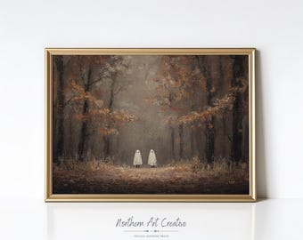 CUTE GHOSTS In The Woods Printable Wall Art Vintage Painting Halloween Print Spooky Season Home Decor Halloween Landscape Wall Decor