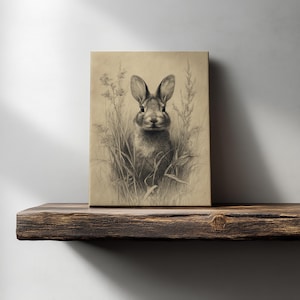 May include: A sepia-toned canvas print featuring a detailed pencil drawing of a rabbit. The rabbit is depicted amidst tall grass and wildflowers, with its ears perked up. The artwork is displayed on a rustic wooden shelf.