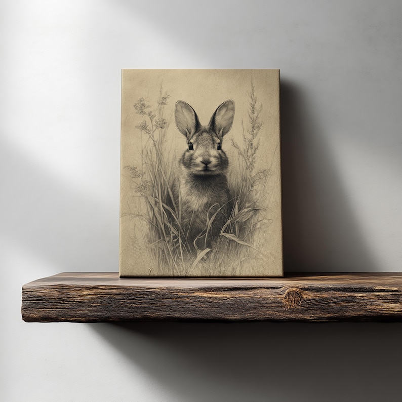 May include: A sepia-toned canvas print featuring a detailed pencil drawing of a rabbit. The rabbit is depicted amidst tall grass and wildflowers, with its ears perked up. The artwork is displayed on a rustic wooden shelf.