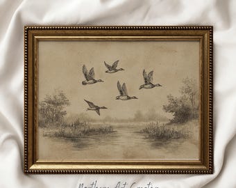 Vintage Flying Ducks Etching Wall Art: Farmhouse Sketch Print (PRINTABLE WALL ART)