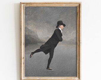 Vintage Skating Man Print | Moody Winter Art, Holiday Decor (Digital Download)