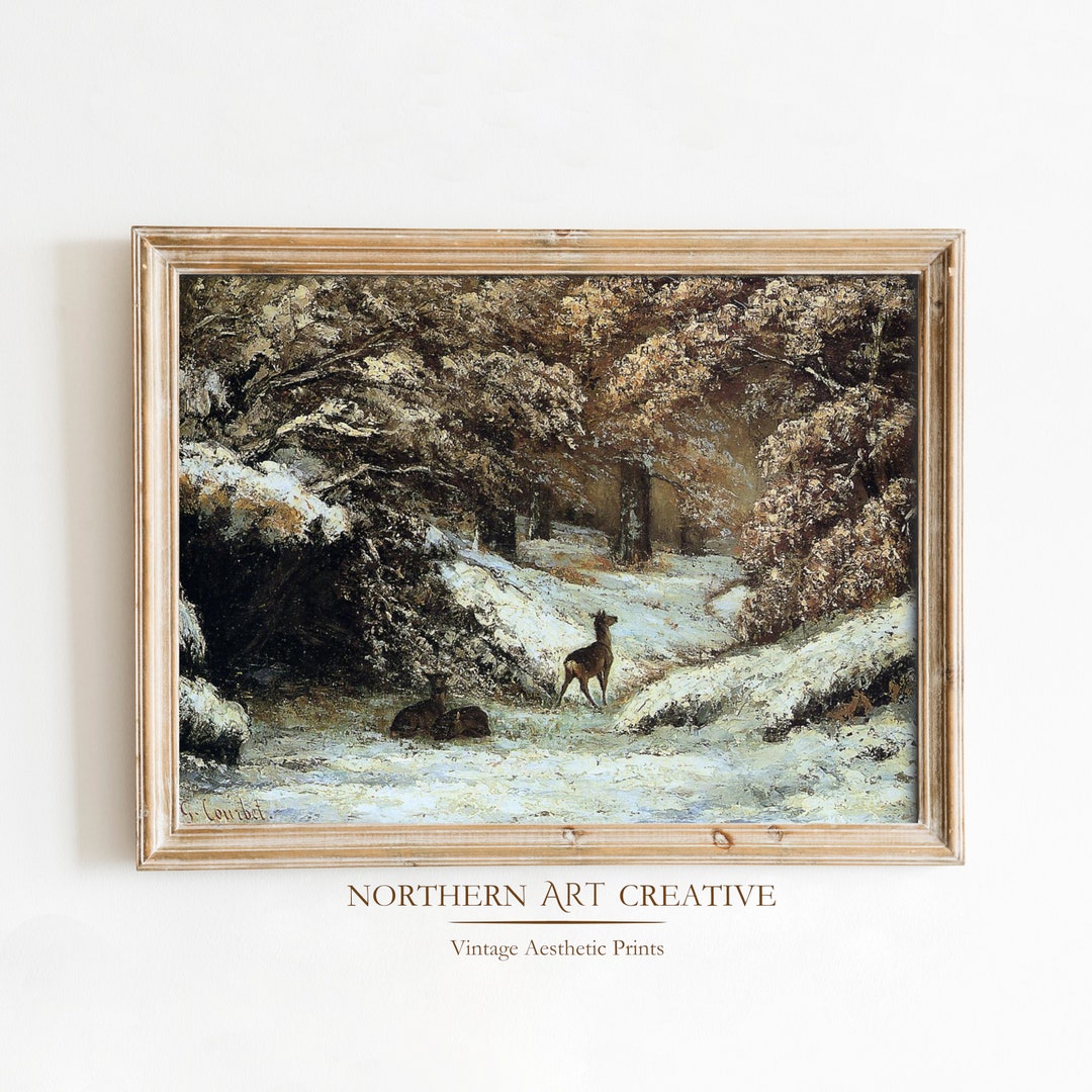 Rustic Deer Painting | Winter Landscape Painting Cabin Decor | Vintage ...