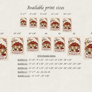 May include: A chart displaying available print sizes for an Autumn Harvest art print featuring a basket of apples. The text lists various dimensions in inches, A-series paper sizes, and frame ratios including 3:4, 4:5, 4:6, 5:7, and 11:14.