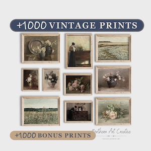 May include: A collection of ten framed art prints featuring still life floral arrangements, landscapes, and interior scenes with figures. The text +1000 VINTAGE PRINTS and +1000 BONUS PRINTS is displayed in dark blue banners at the top and bottom.