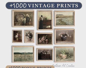 Könnte beinhalten: Eine Sammlung von zehn gerahmten Kunstdrucken mit Blumenstillleben, Landschaften und Innenszenen mit Figuren. Der Text +1000 VINTAGE PRINTS und +1000 BONUS PRINTS ist auf dunkelblauen Bannern am oberen und unteren Rand zu sehen.