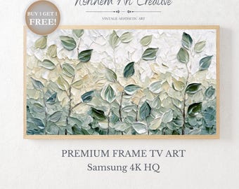 May include: A framed painting of a green and white abstract floral design. The painting is titled "Premium Frame TV Art" and "Samsung 4K HQ".