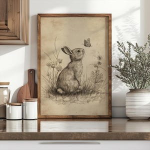 May include: A framed vintage-style print featuring a detailed pencil sketch of a rabbit gazing at a butterfly. The artwork is set in a wooden frame and depicts the rabbit in a grassy field with wildflowers, creating a charming, rustic aesthetic.