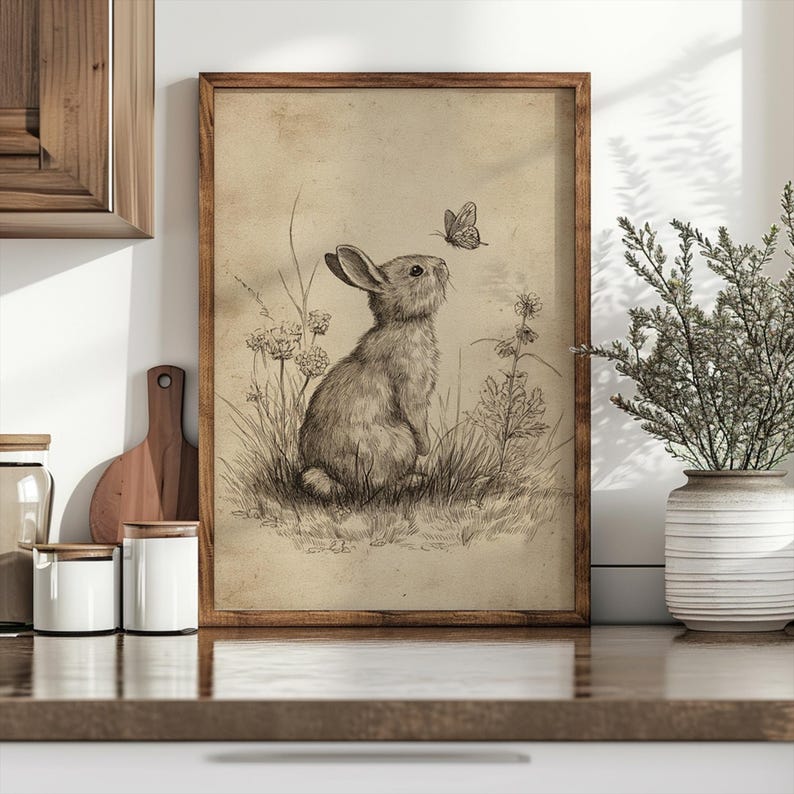 May include: A framed vintage-style print featuring a detailed pencil sketch of a rabbit gazing at a butterfly. The artwork is set in a wooden frame and depicts the rabbit in a grassy field with wildflowers, creating a charming, rustic aesthetic.
