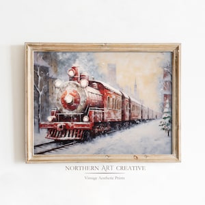 Vintage Christmas Train Wall Print | Rustic Holidays Printable Painting | Vintage Aesthetic Winter Prints | Digital Downloadable Artwork