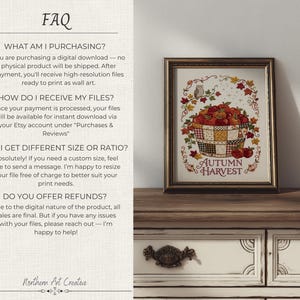 May include: A framed wall art print titled Autumn Harvest featuring a basket of red apples, autumn leaves, and a small owl. The text Autumn Harvest is printed at the bottom. The FAQ section on the left explains the digital download process.