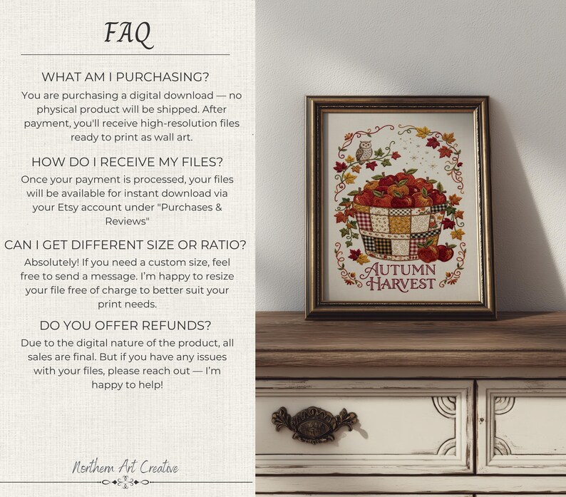 May include: A framed wall art print titled Autumn Harvest featuring a basket of red apples, autumn leaves, and a small owl. The text Autumn Harvest is printed at the bottom. The FAQ section on the left explains the digital download process.