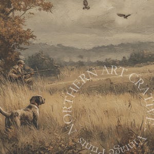 May include: An oil painting depicts a hunting scene with a hunter aiming a rifle, a hunting dog, and birds in flight. The artwork features a muted color palette of browns, greens, and grays, evoking a vintage aesthetic. The scene is set in a field with trees and a cloudy sky.