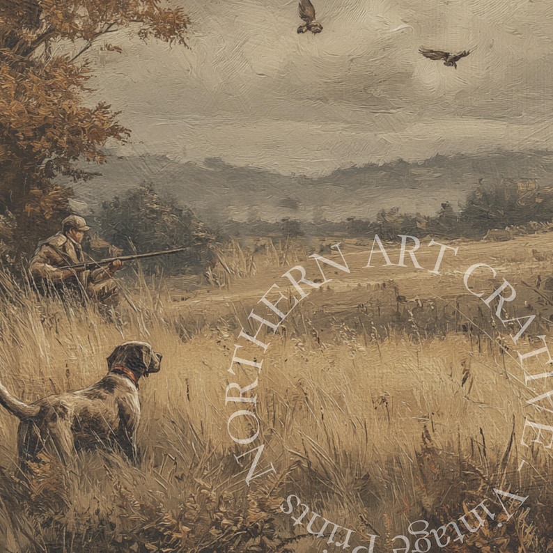 May include: An oil painting depicts a hunting scene with a hunter aiming a rifle, a hunting dog, and birds in flight. The artwork features a muted color palette of browns, greens, and grays, evoking a vintage aesthetic. The scene is set in a field with trees and a cloudy sky.