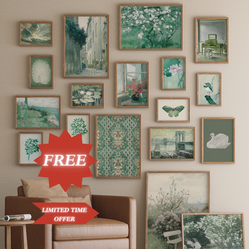 Sage Green Gallery Wall Set | Vintage Neutral Prints (Digital Art) image 2