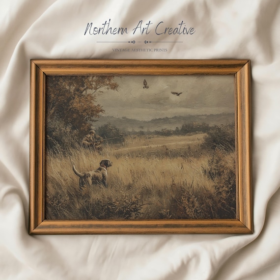 Moody Countryside Wall Art: Vintage Hunting Scene Oil Painting (Printable Wall Art), Rustic Farmhouse Decor, Moody Print