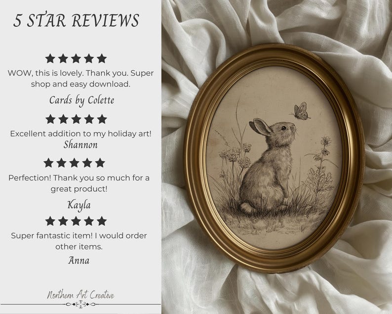 May include: An oval framed print featuring a detailed pencil sketch of a rabbit gazing at a butterfly. The artwork is set against a neutral background and framed in a gold-colored frame. The text "5 STAR REVIEWS" is at the top.