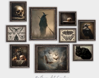 May include: A collection of framed vintage aesthetic prints. The prints feature dark, gothic imagery, including a skull, a witch, butterflies, a pumpkin, a raven, a black cat, and bats. The prints are labeled "Northern Art Creative."
