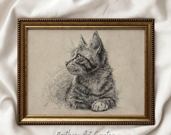 Vintage Cat Sketch Wall Art: Farmhouse Etching Print (PRINTABLE Wall Art)