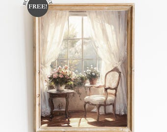 Antique French Country Wall Art Vintage Neutral Print Antique Interior Painting Living Room Art Romantic Farmhouse Light Academia Decor
