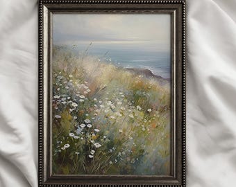 Coastal Wildflower Field Vintage Print | Beach Landscape Wall Art (Digital Download)