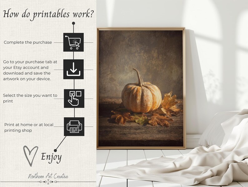 K&ouml;nnte beinhalten: Ein gerahmter Kunstdruck mit einem einzelnen orangefarbenen K&uuml;rbis, umgeben von getrockneten Herbstbl&auml;ttern auf einer Holzoberfl&auml;che. Links zeigt eine Grafik mit dem Titel How do printables work? vier Schritte mit Symbolen f&uuml;r Kauf, Download, Gr&ouml;&szlig;enauswahl und Druck.