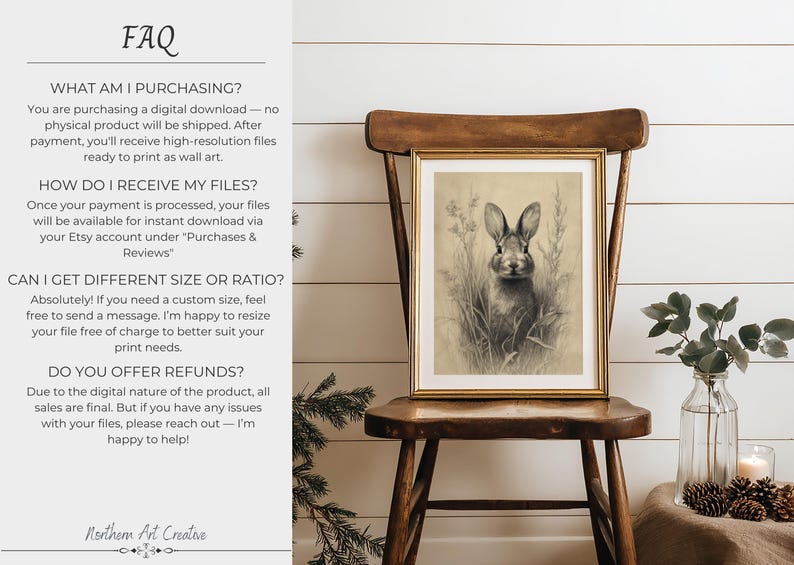 May include: A framed sepia-toned print of a rabbit in tall grass, displayed on a wooden chair. The artwork has a vintage aesthetic. The image is part of a wall art collection.