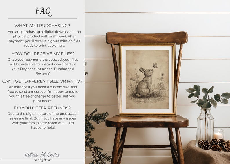 May include: A framed vintage-style print of a rabbit and butterfly. The artwork is in a gold frame and is displayed on a wooden chair. The image has the text "FAQ" and "Northern Art Creative".