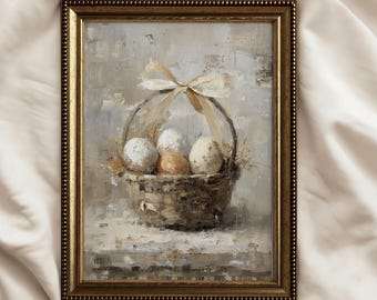 Vintage Easter Eggs Basket Print: Rustic Spring Oil Painting (Printable Wall Art)